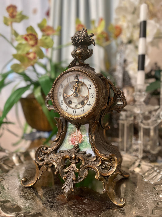 Antique French Ormolu Bronze Mantel Clock with Hand Painted Porcelain Adornment