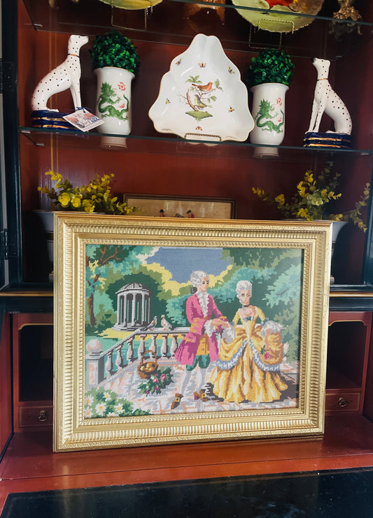 Vintage French Courting Couple Needlepoint, Framed, Estate Decor