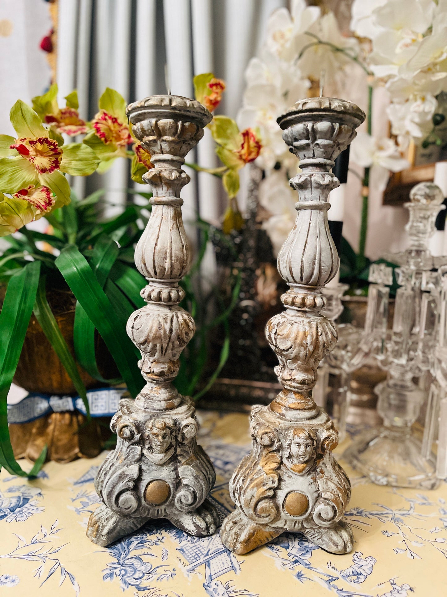 Ornately Carved Wood Candlestick Pair with Claw Feet and Cherubs, Vintage