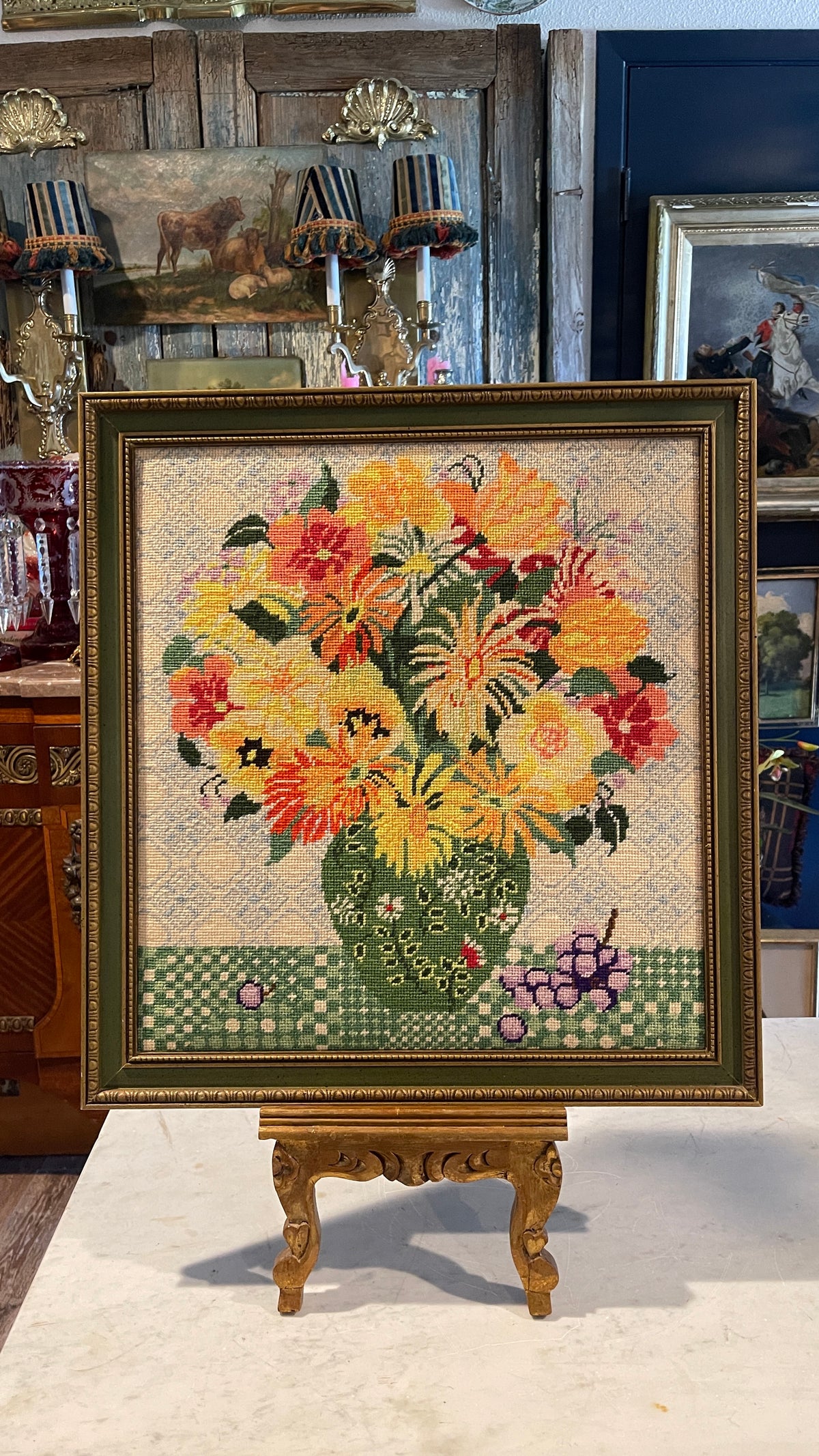 Vintage Floral Needlepoint in Green & Gold Frame | Dated 1980–1981