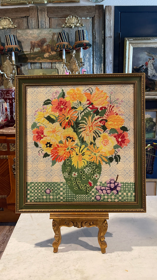 Vintage Floral Needlepoint in Green & Gold Frame | Dated 1980–1981