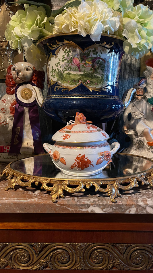 Vintage Herend Chinese Bouquet Rust Covered Bean Pot with Applied Roses | Hand-Painted Hungarian Porcelain