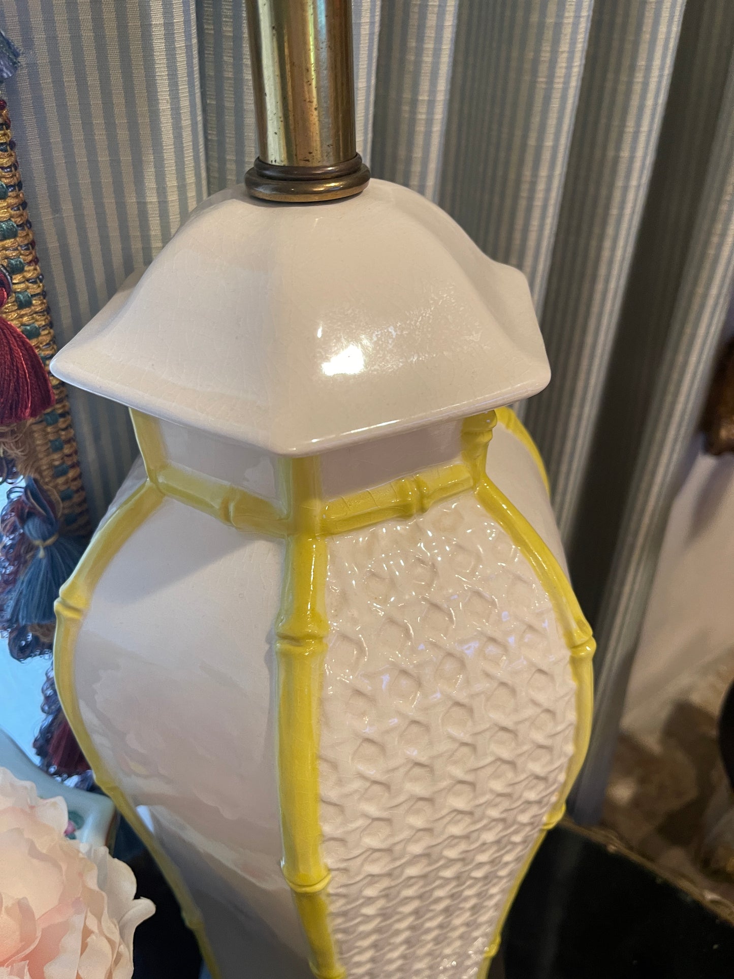 Vintage Frederick Copper Palm Beach Chic Chinoiserie Pagoda Bamboo Style Lamps, Yellow and White, Pair
