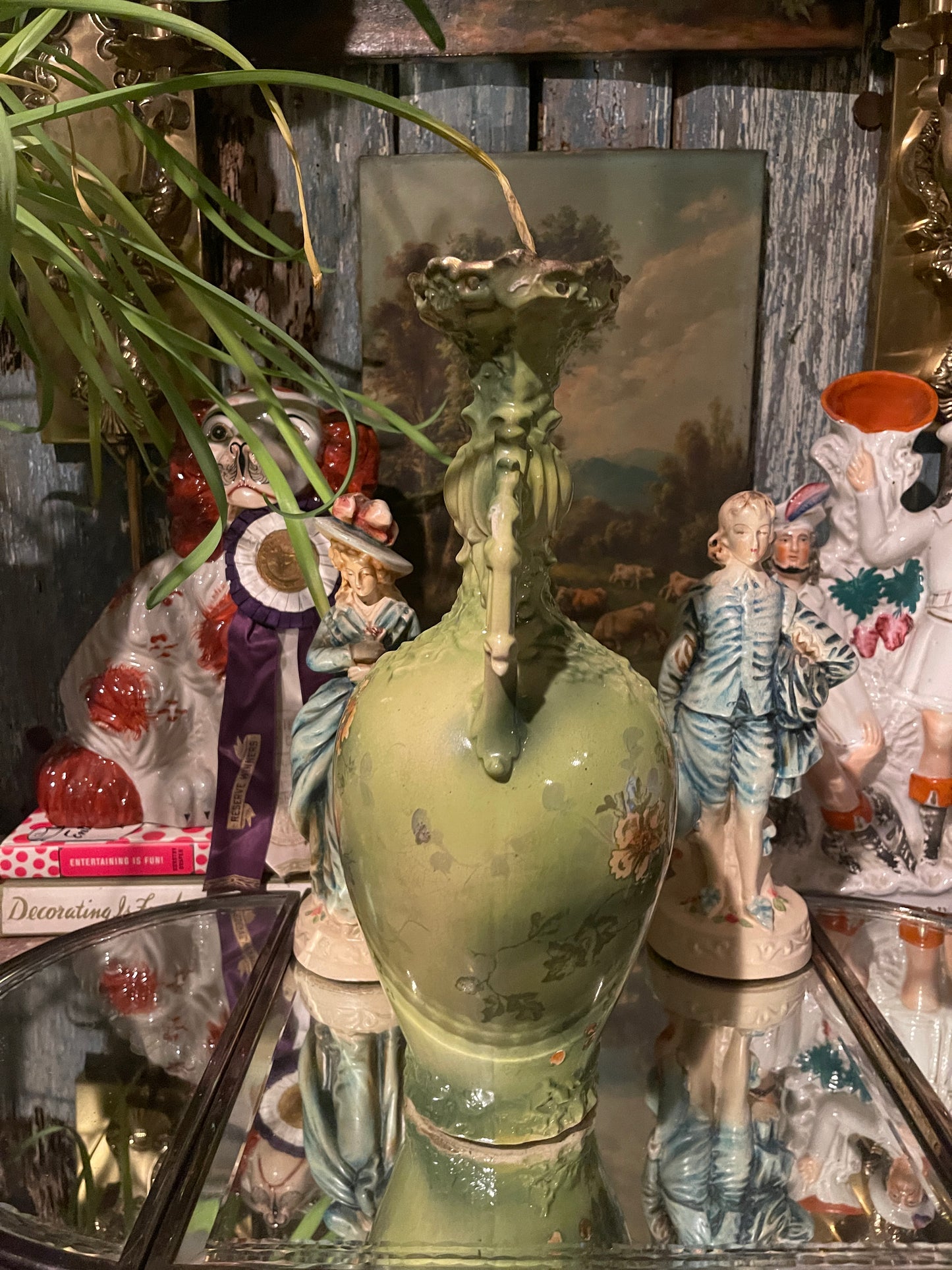 Antique Art Nouveau Green Floral Vase with Sculptural Handles | European Pottery, c. 1895–1915