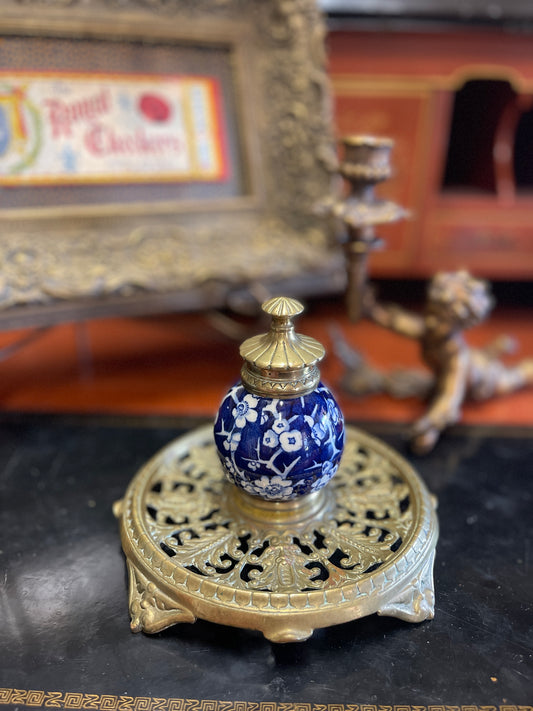 Lovely 19th-Century Townshend & Co. Brass & Porcelain Inkwell – Blue & White Blossom Motif, Crafted in England