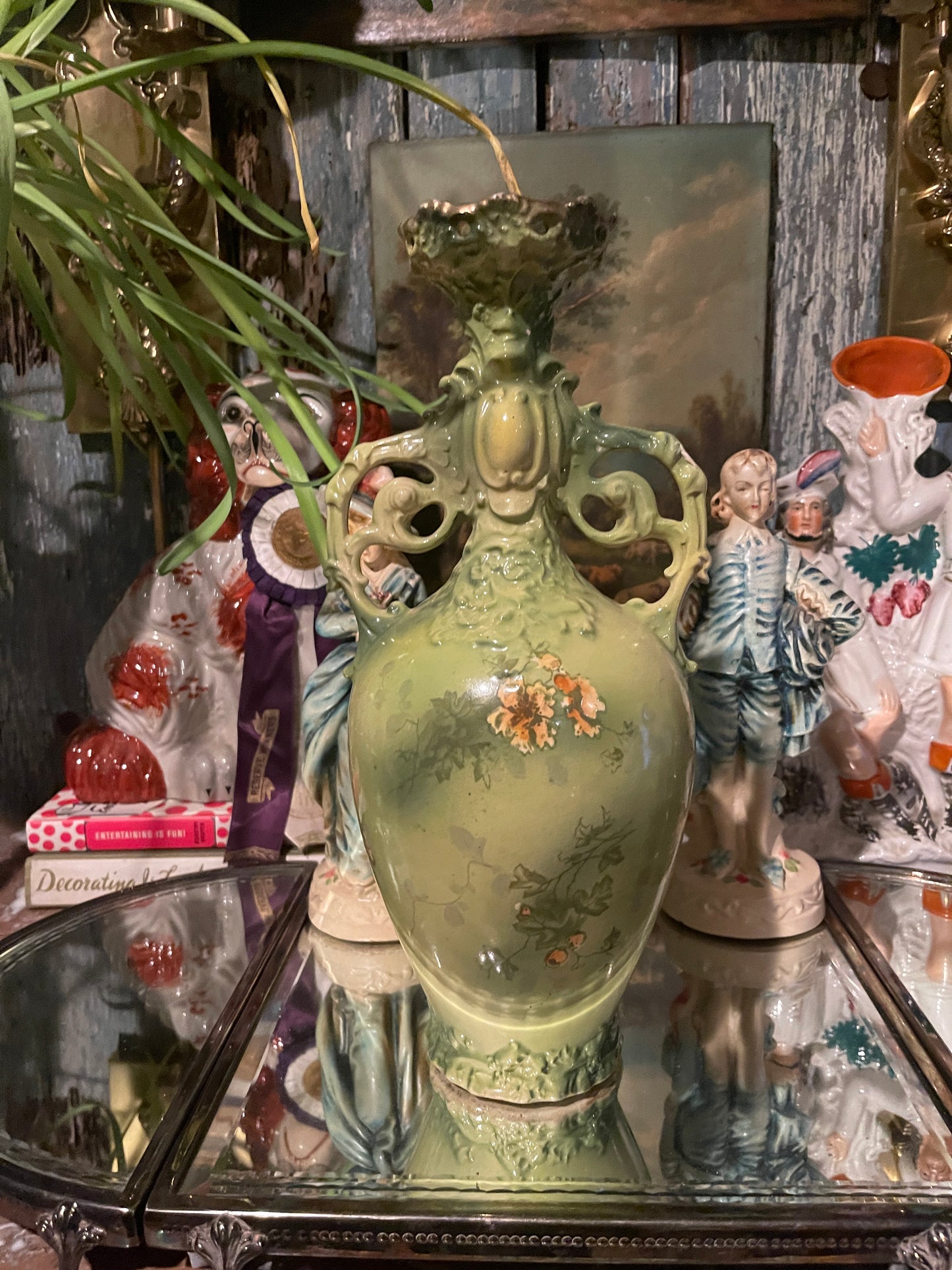 Antique Art Nouveau Green Floral Vase with Sculptural Handles | European Pottery, c. 1895–1915