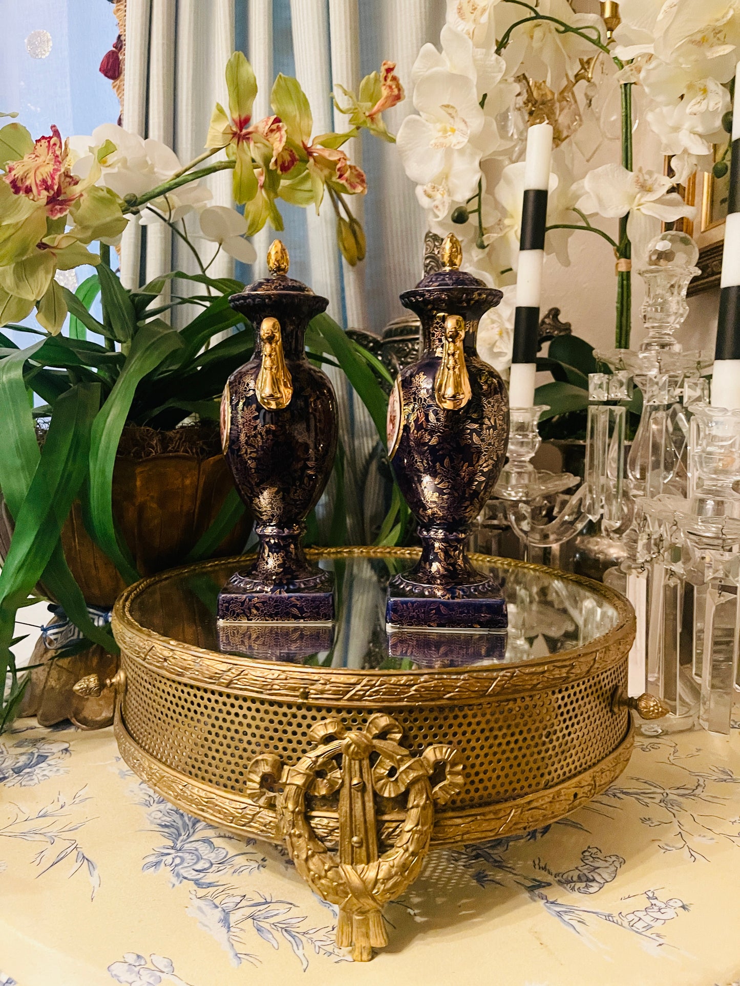 Vintage English Empire Ware Porcelain Urns – Neoclassical Gilt Transferware, Made in England