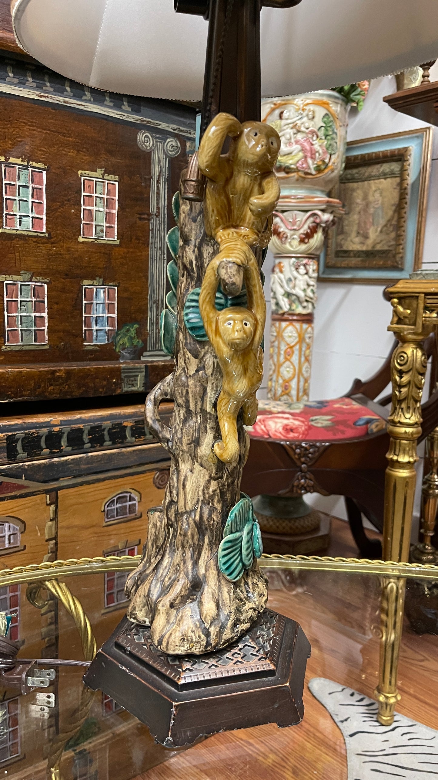 Vintage Majolica-Style Three Climbing Monkeys Lamp |