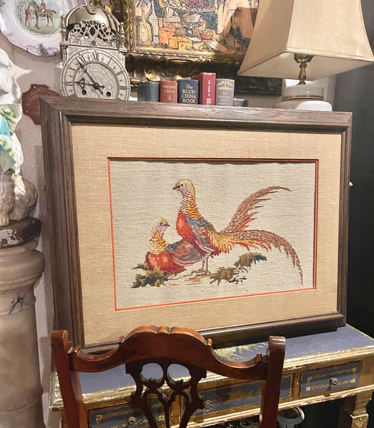 Large Vintage Pheasant Needlepoint, Professionally Framed