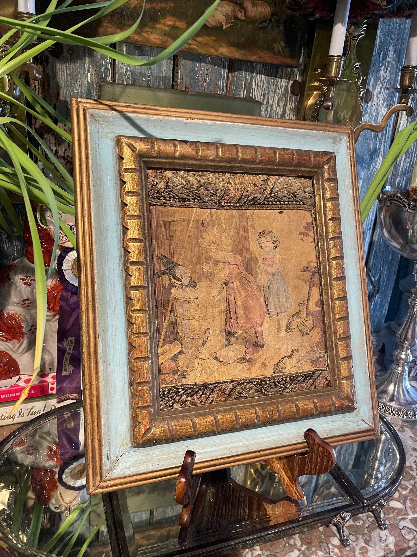 Framed French Tapestry Wall Art — Charming Children’s Scene in Gilt & Painted Frame