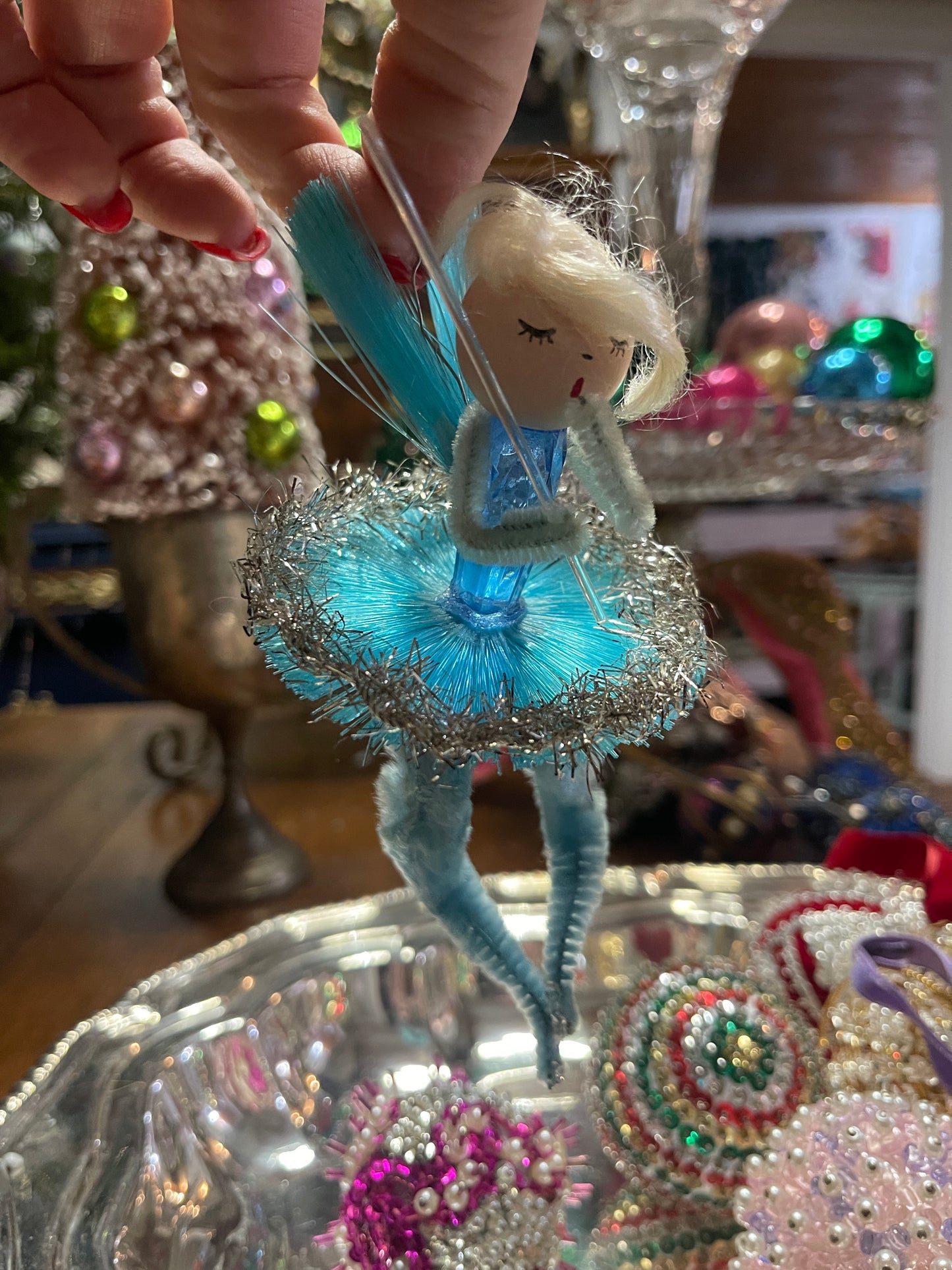 Vintage Handmade Angel Ballerina Ornament – Turquoise Tutu, Tinsel Trim & Shimmering Wings