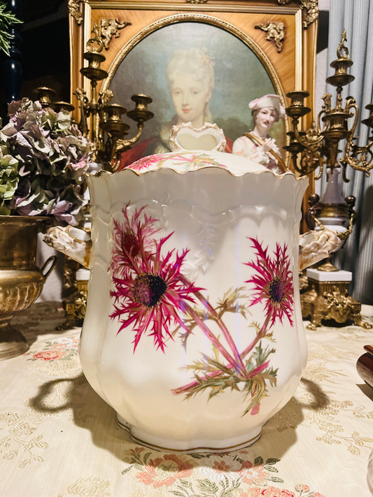 Limoges Lidded Vessel with Deep Pink Thistles, Vintage (Possibly Antique)