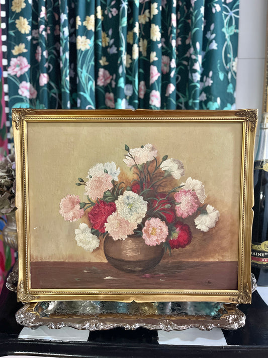 Pink Carnations in a Vase Painting, Vintage Floral Still Life, Artist Signed and Framed