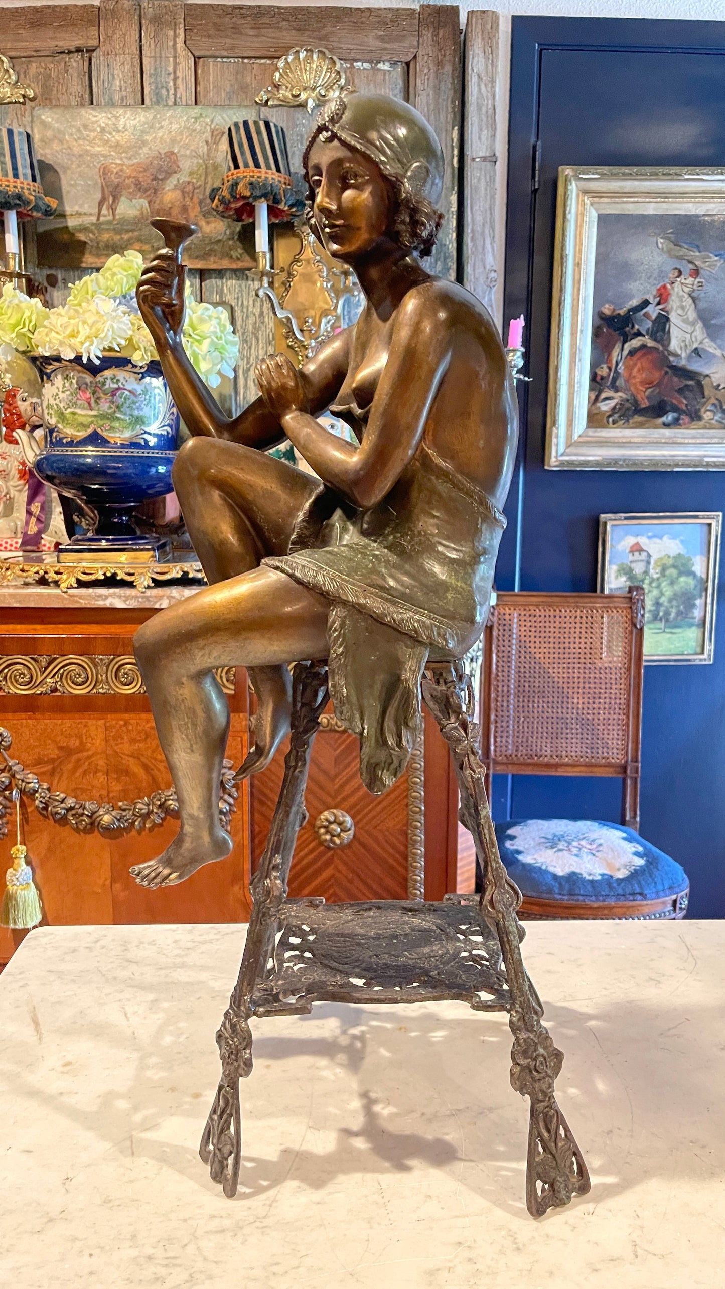 Monumental Bronze Parisienne Seated Art Deco Figural Sculpture with Champagne Coupe, Estate Sourced