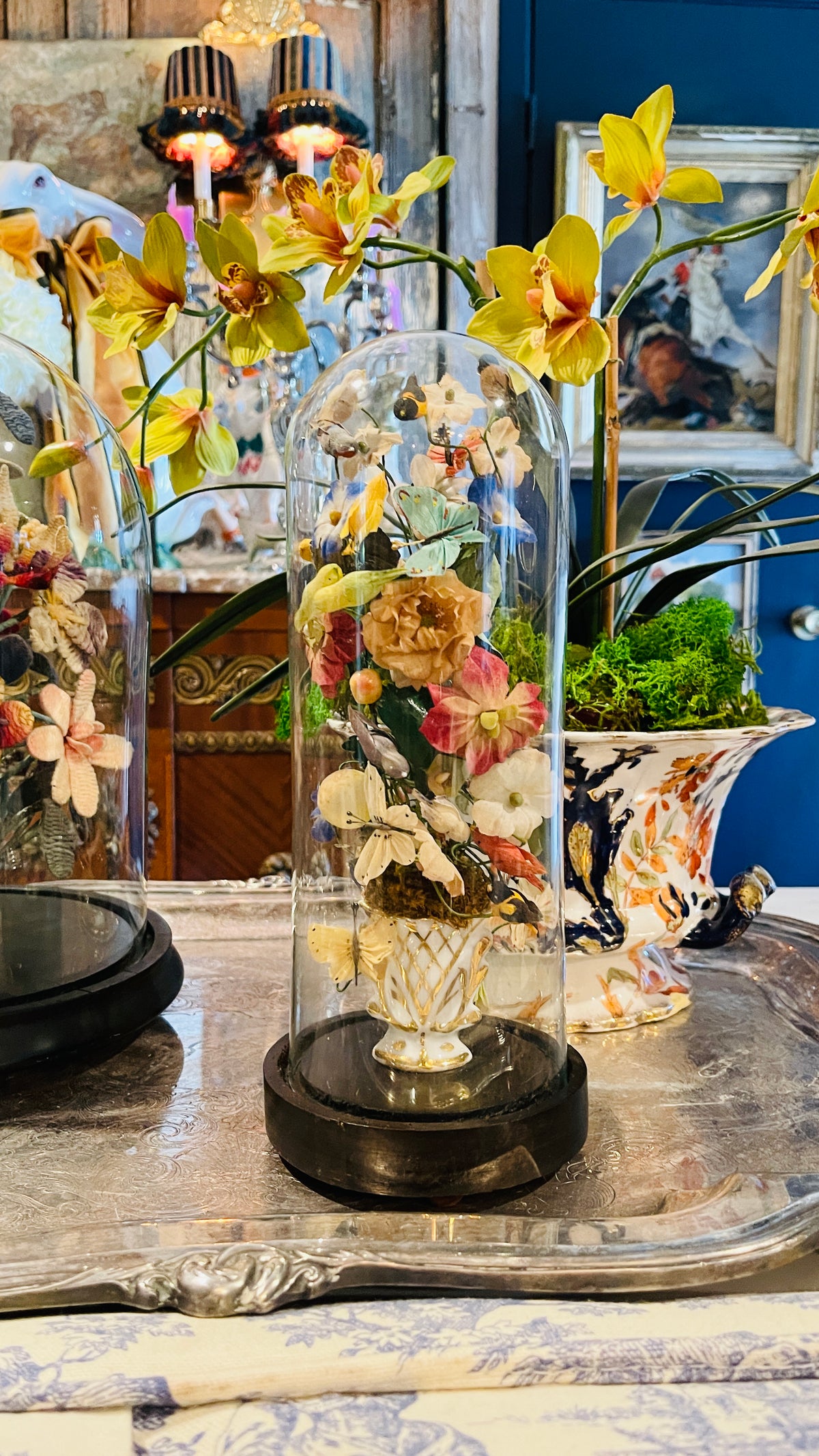 Antique Victorian Silk Flowers in Porcelain Urn Under Glass Cloche
