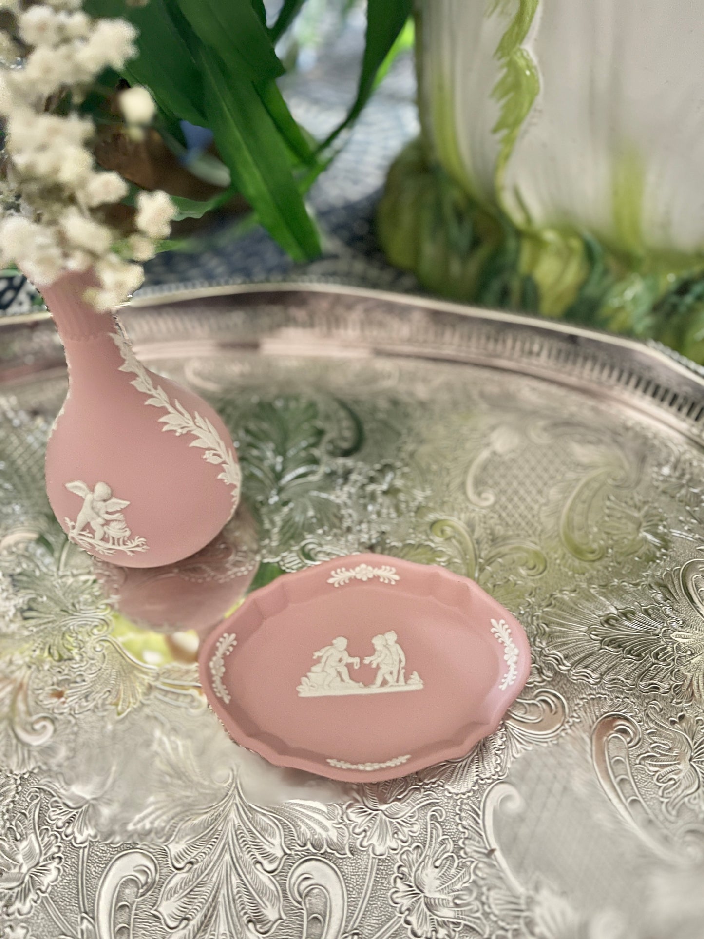 Pink with Cream Jasperware Putti Wedgwood Silver Tray Trinket Dish