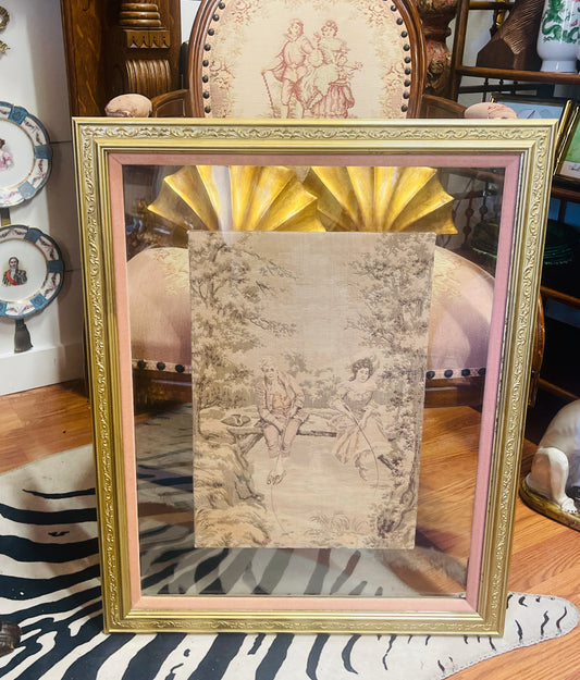 Antique French Pastoral Tapestry in Gilt Frame – Romantic Pastoral Toile Courting Scene with Pink Velvet Matting, Unique Floating Framing