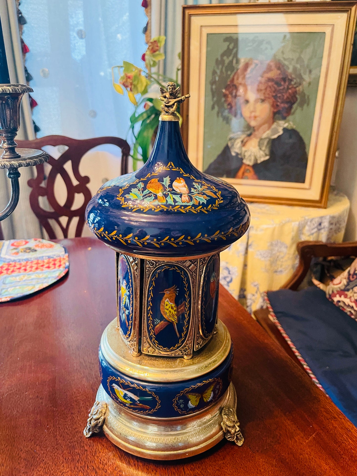 Vintage Reuge Italian Lipstick Carousel Music Box | Hand-Painted Porcelain with Birds, Cherub Finial & Gilt Base