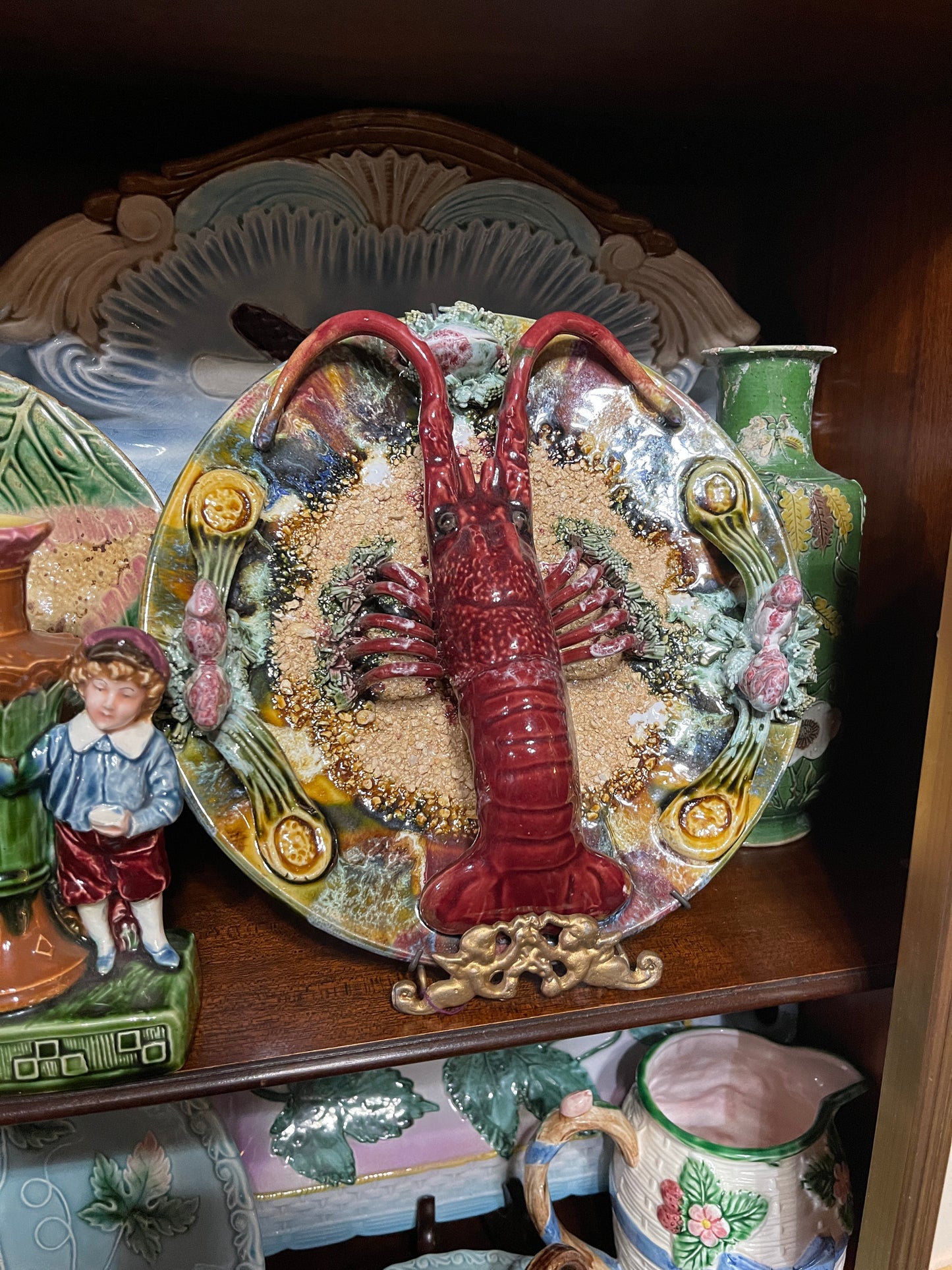 Vintage Majolica Palissy Style  Lobster Plate, Estate Decor