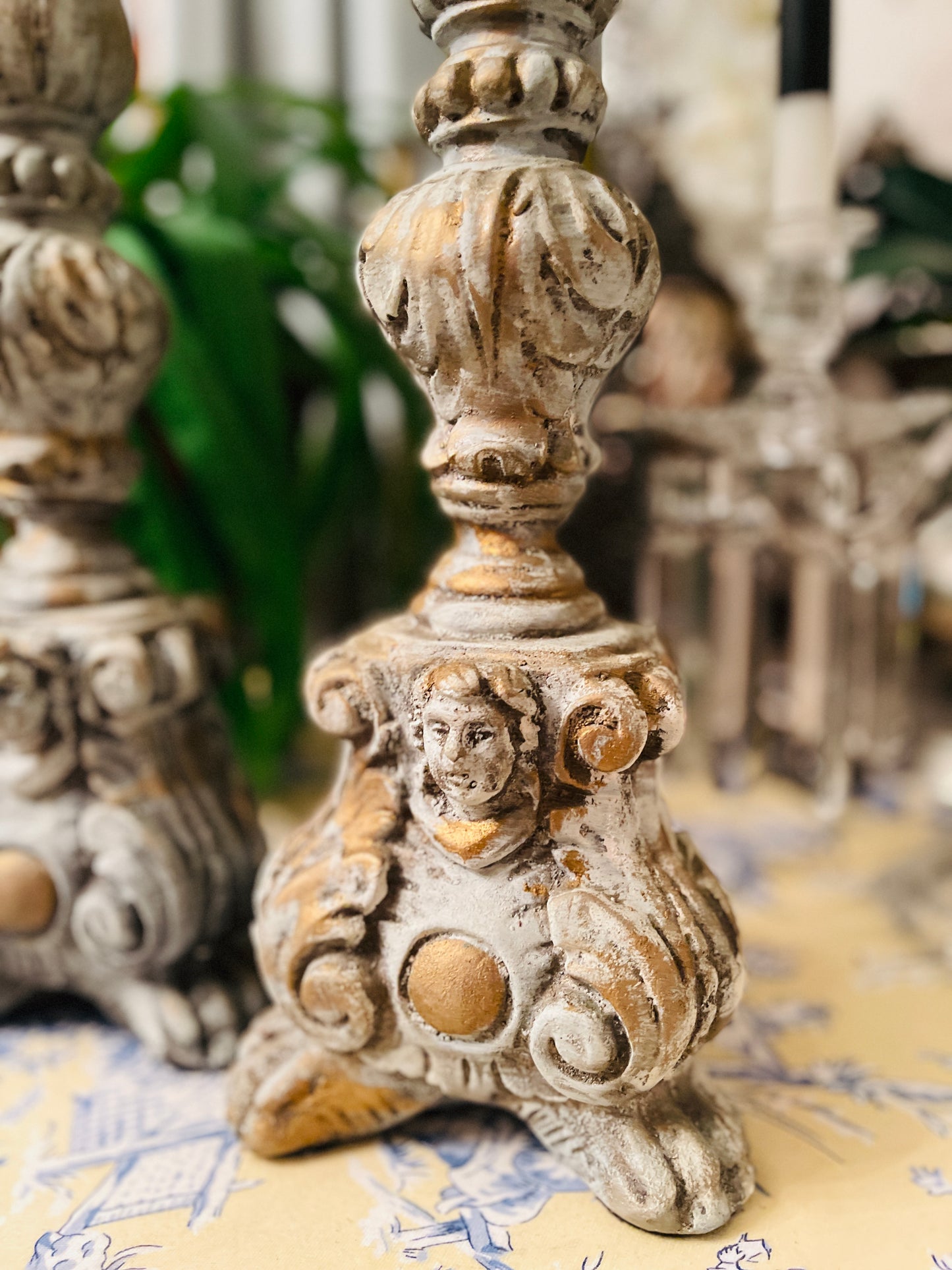 Ornately Carved Wood Candlestick Pair with Claw Feet and Cherubs, Vintage