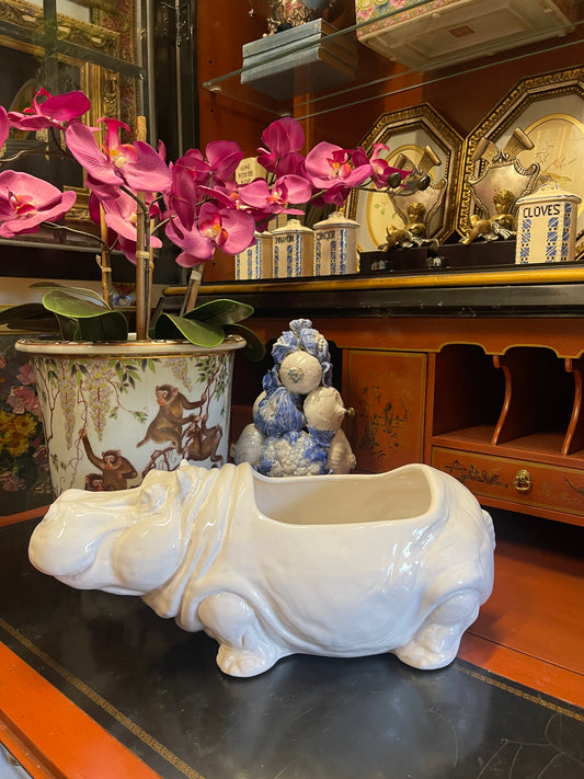 Whimsical Vintage Glazed Pottery Hippo Planter, Italian