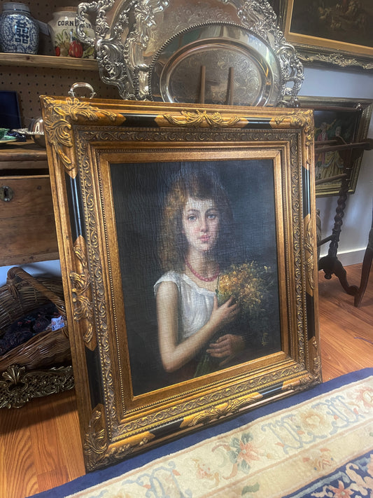 Oil Painting Homage to Alexei Alexeevich Harlamoff’s (1840-1925) PORTRAIT OF A GIRL HOLDING FLOWERS