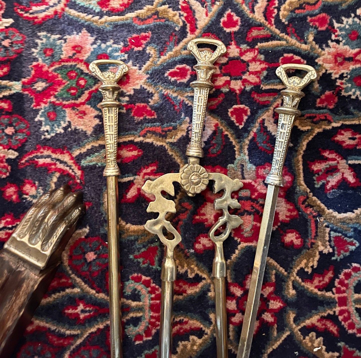 Art Nouveau Brass English Hunt Fireplace Tool Set, c. Early 20th Century