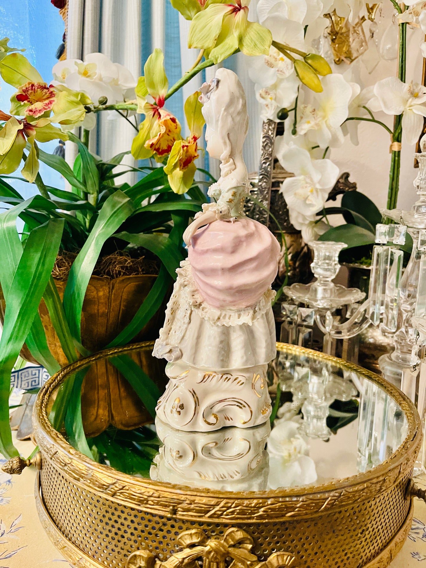 Whimsically Romantic Cordey Marie Antoinette–Inspired Rococo Lady Statuette | 11” | Pink Roses