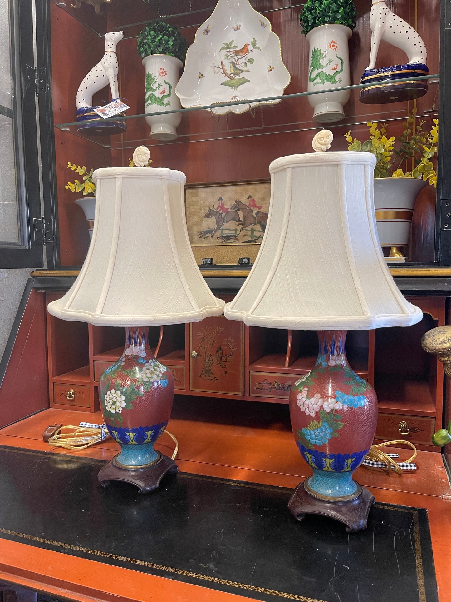 Vintage Pair of Small Chinese Cloisonne Lamps, Estate Decor