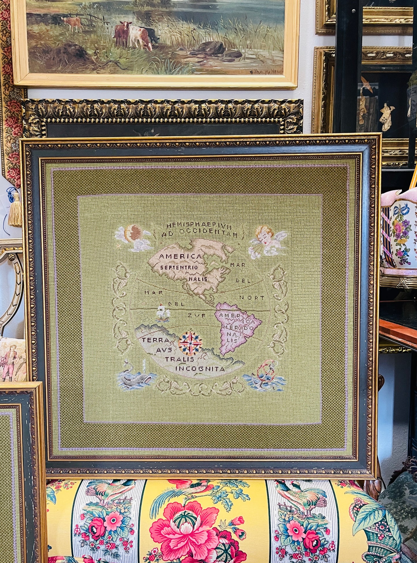 Vintage Framed Needlepoint Map of the Western Hemisphere