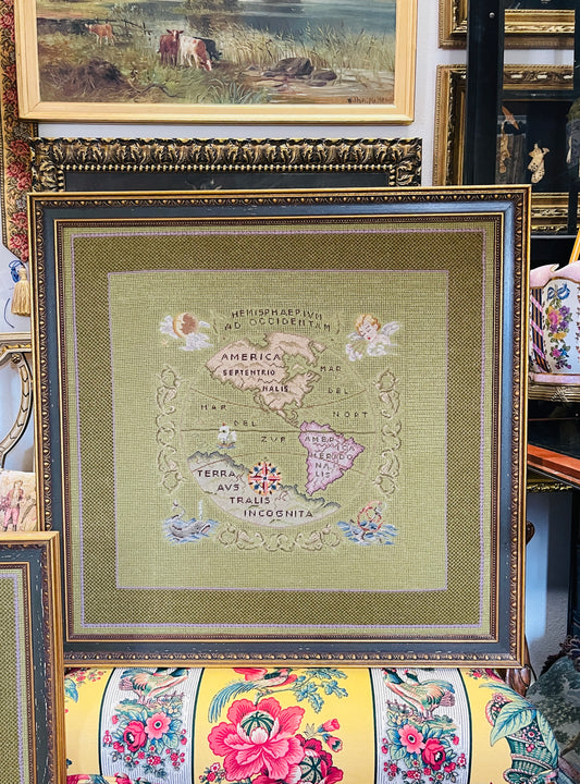 Vintage Framed Needlepoint Map of the Western Hemisphere