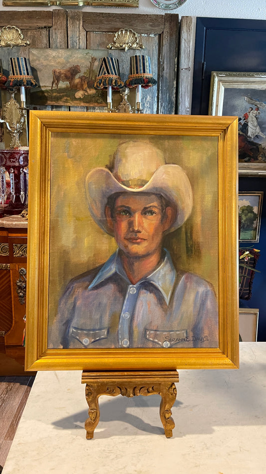 “Drugstore Cowboy” Signed Oil Painting by Suzanne Davis | Gilt Frame | 23.5” H × 19.5” W × 1” D