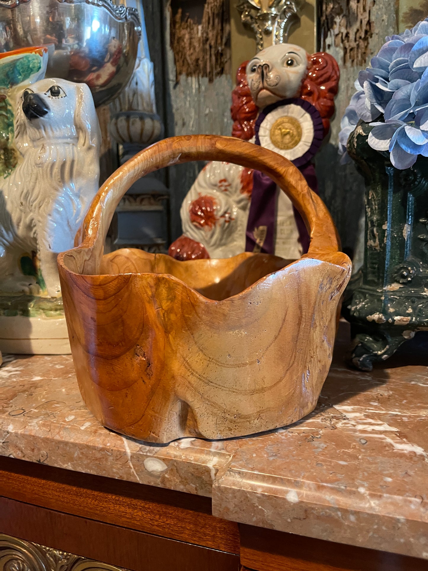 Vintage Burl Wood Basket Bowl with Handle, Round Top Find