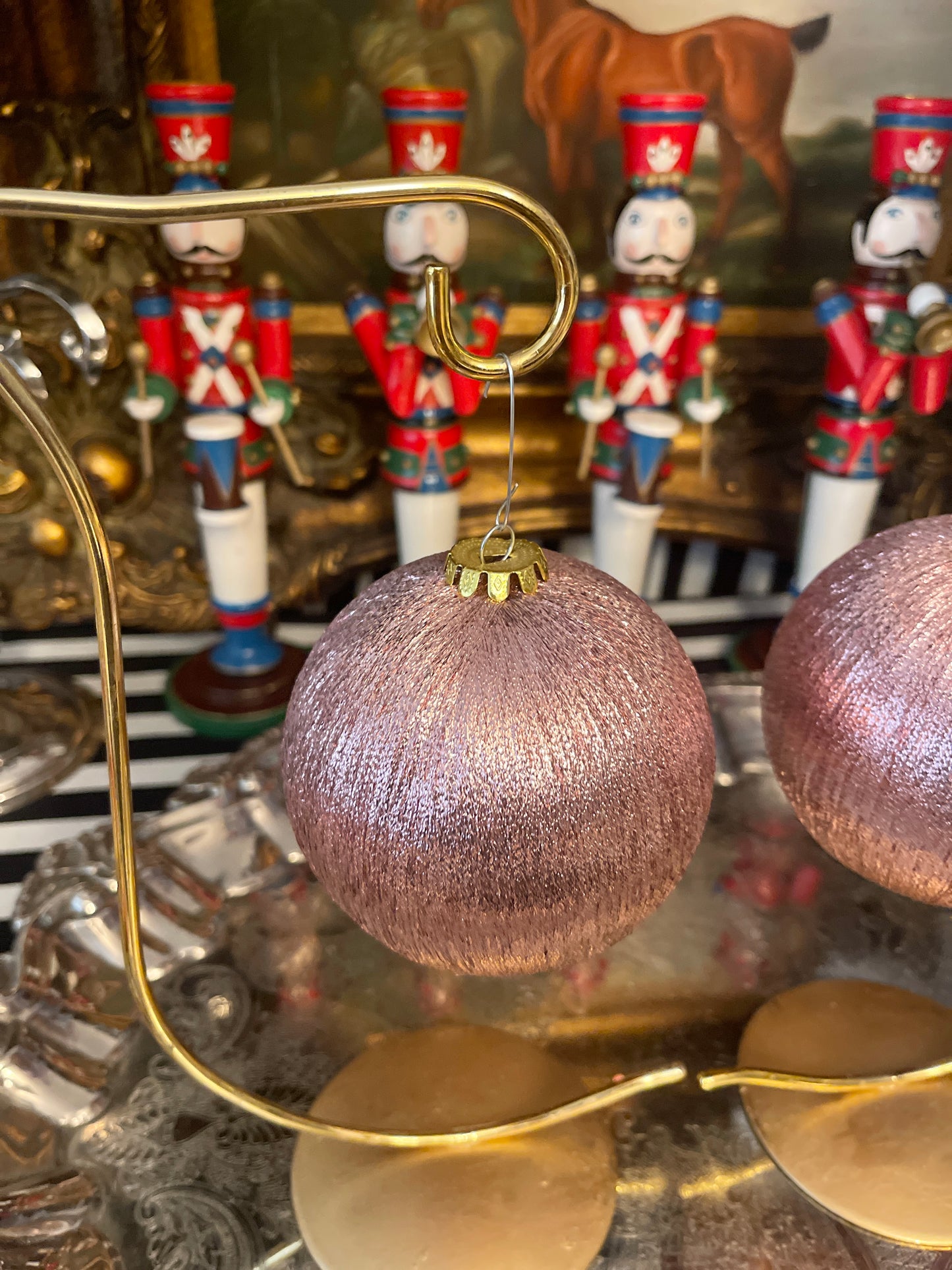 Large Metallic Pink String Ornament Pair, Vintage String Ornaments