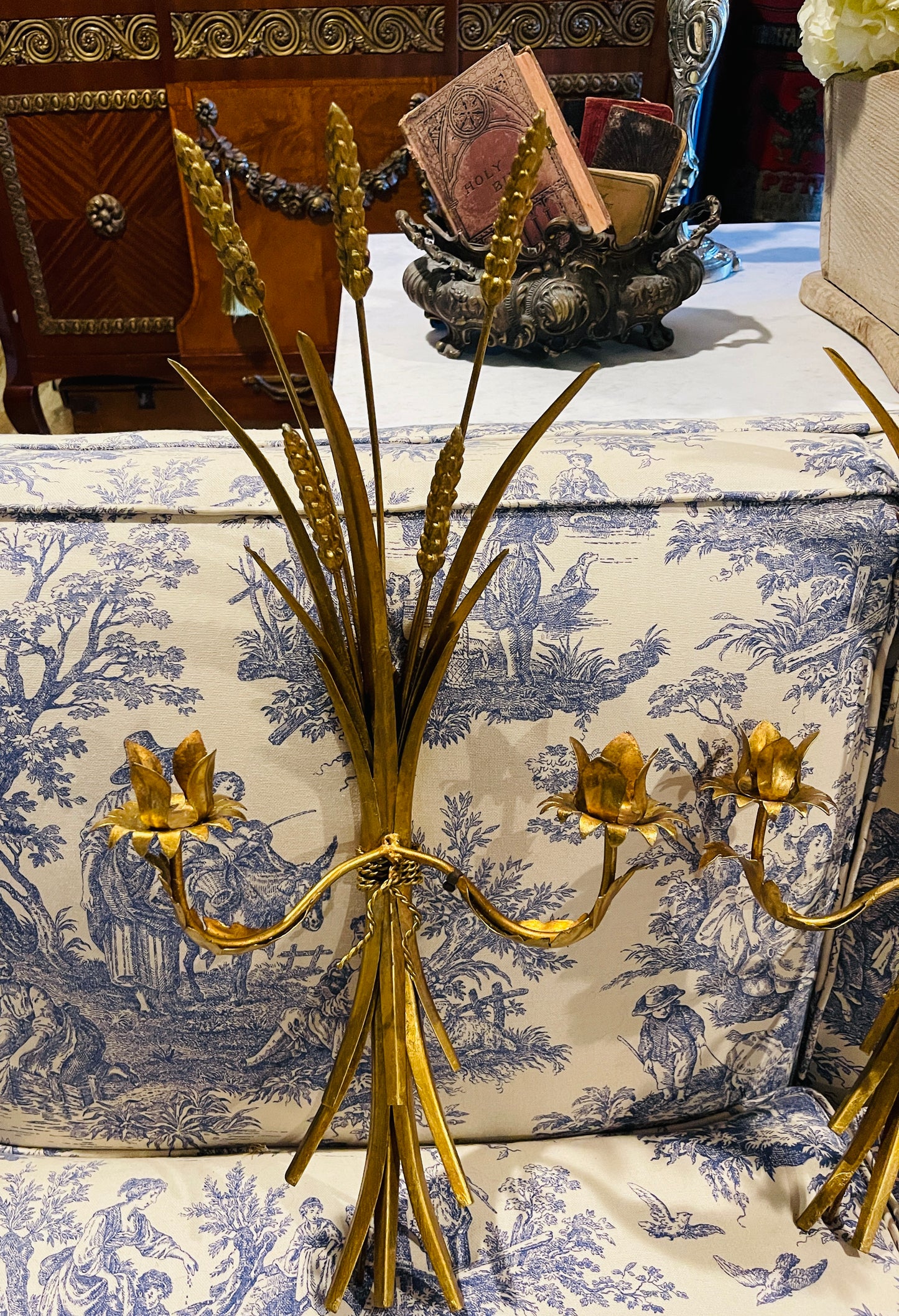 Vintage Italian Gilt Tole Wheat Sheaf Wall Sconces, Pair- Round Top Find