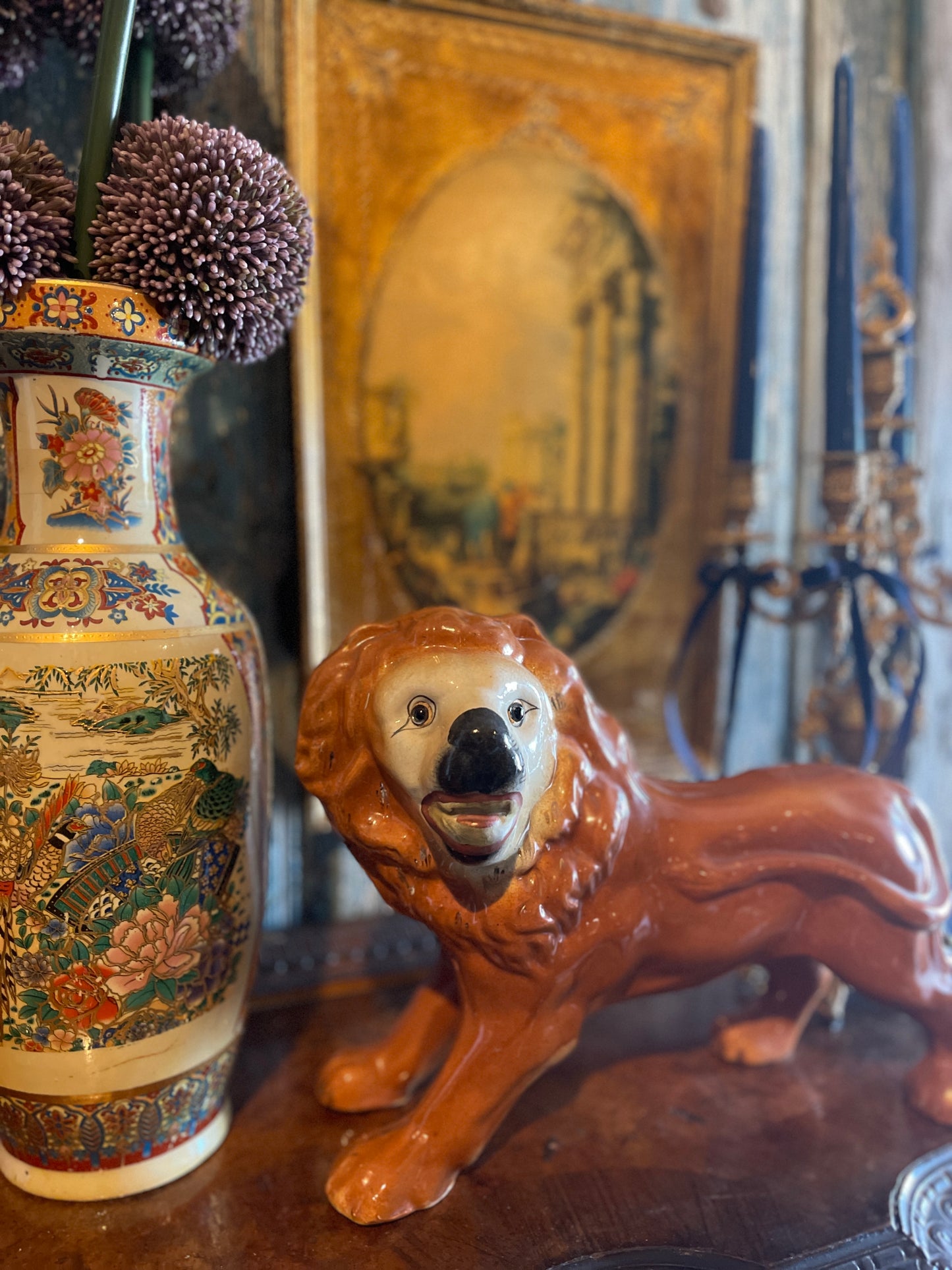 Antique Reticulated Staffordshire Lions, Estate Decor