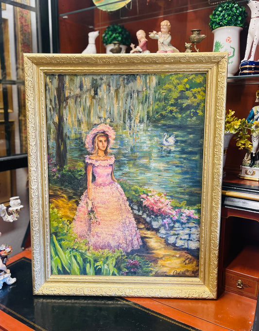 Bellingrath Gardens, Azalea Trail, Vintage Oil Painting on Linen, Artist Signed, Estate Art, Ornate Gold Frame