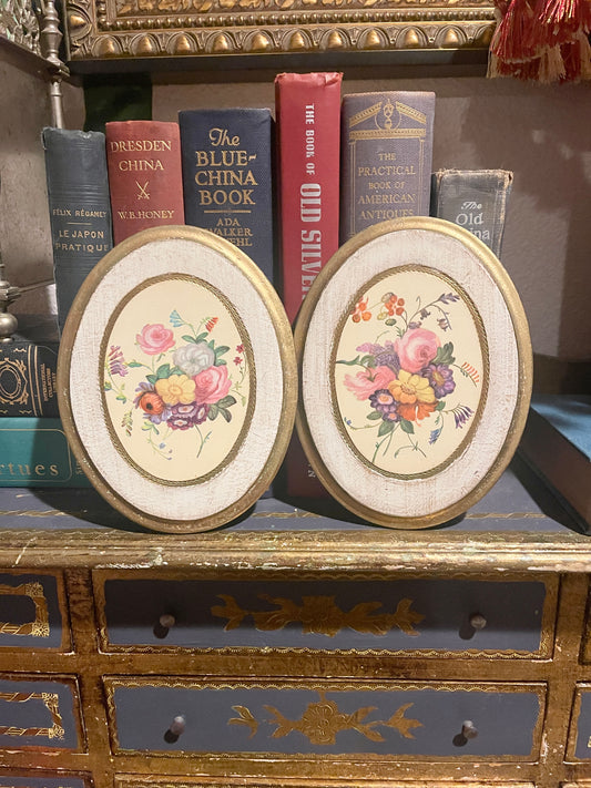 Vintage Florentine Wall Plaque Pair, Colorful Floral Design, Made in Italy