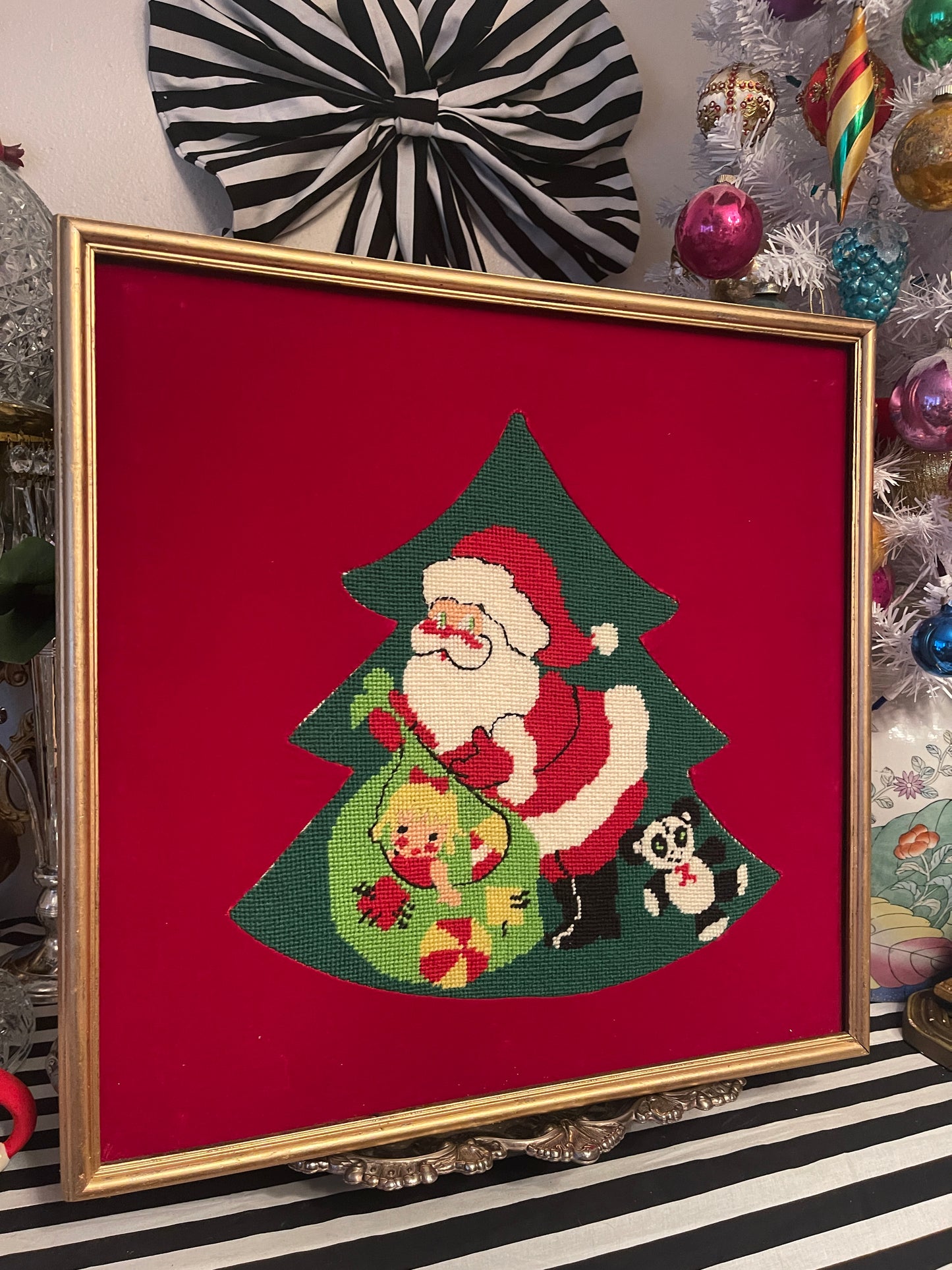 Santa with Toys and Christmas Tree Needlepoint on Velvet, Framed