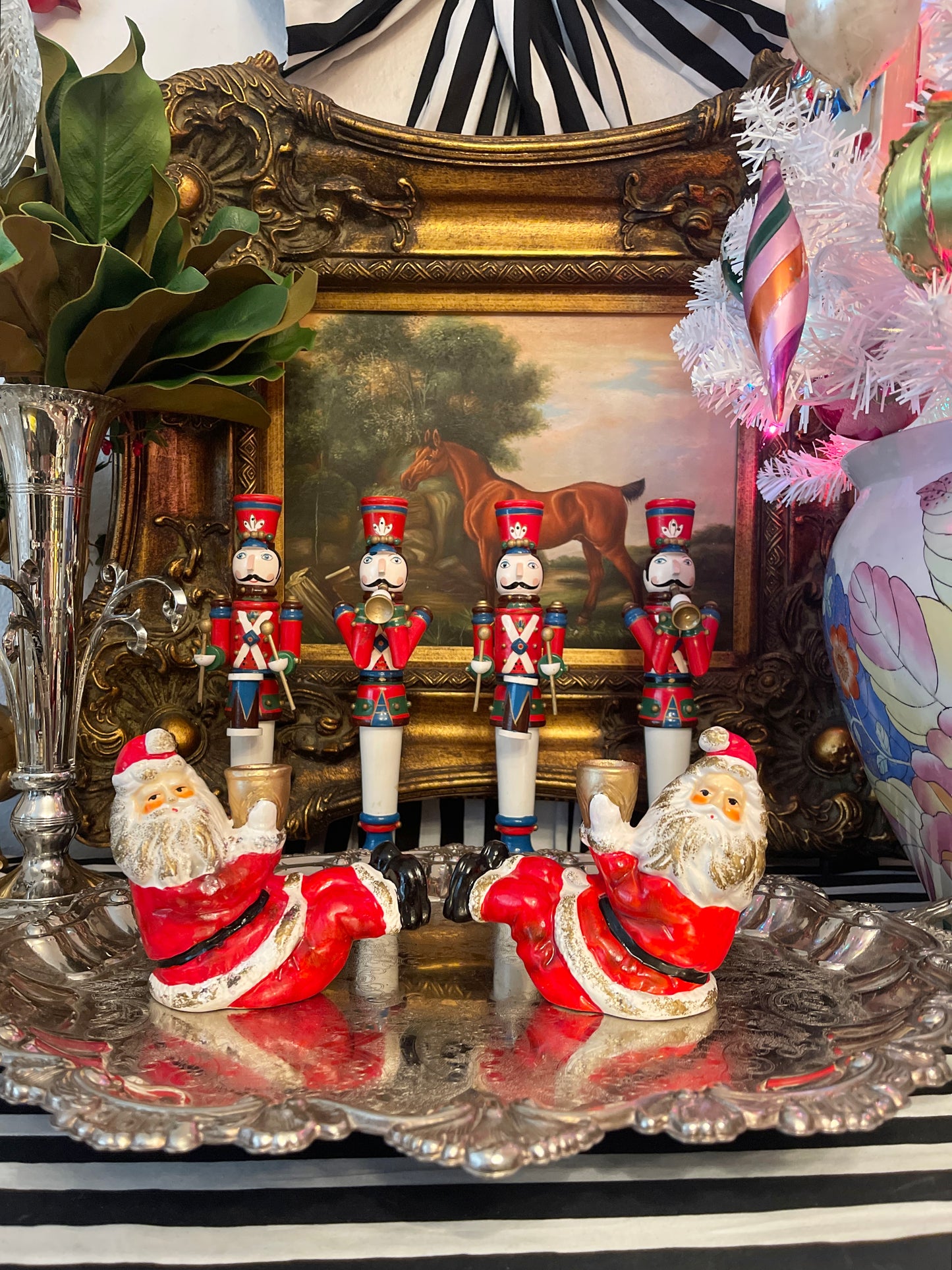 Santa Claus Candle Holders, Vintage, Handpainted