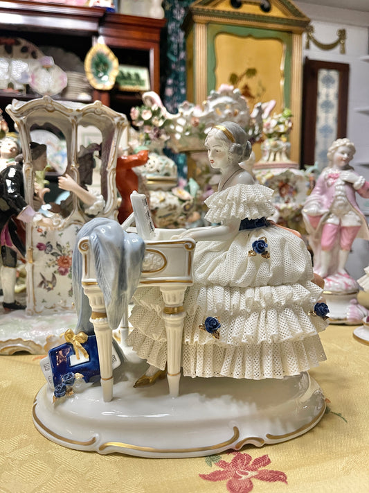 Vintage Royal Dux Bohemia Porcelain Lady at the Piano Figurine, White Porcelain with Blue Applied Roses & Pink Bow — Mid-Century European Figurine