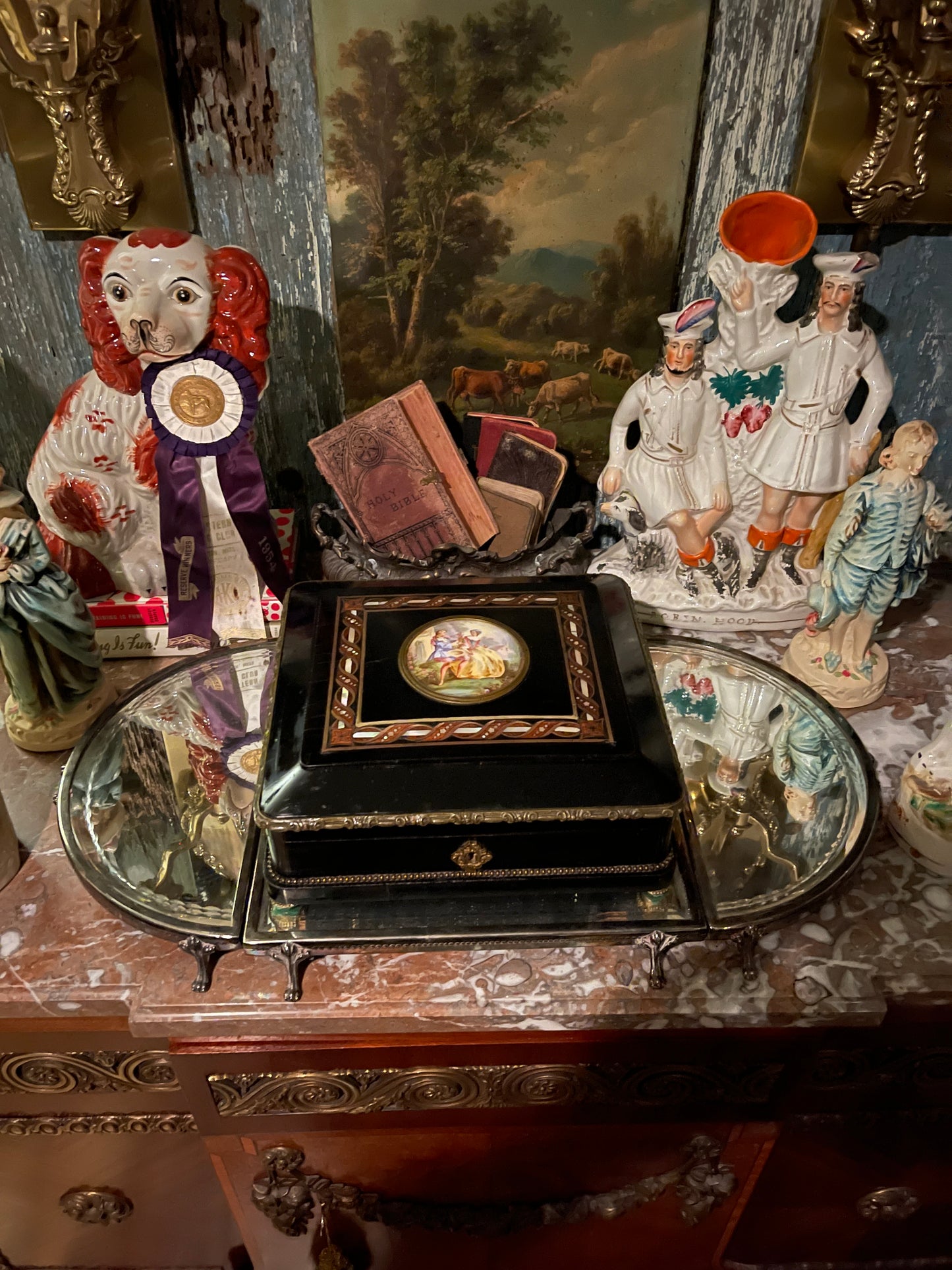19th Century French Napoleon III Ebonized Mother-of-Pearl Inlaid Box with Hand-Painted Porcelain Plaque – Round Top Find
