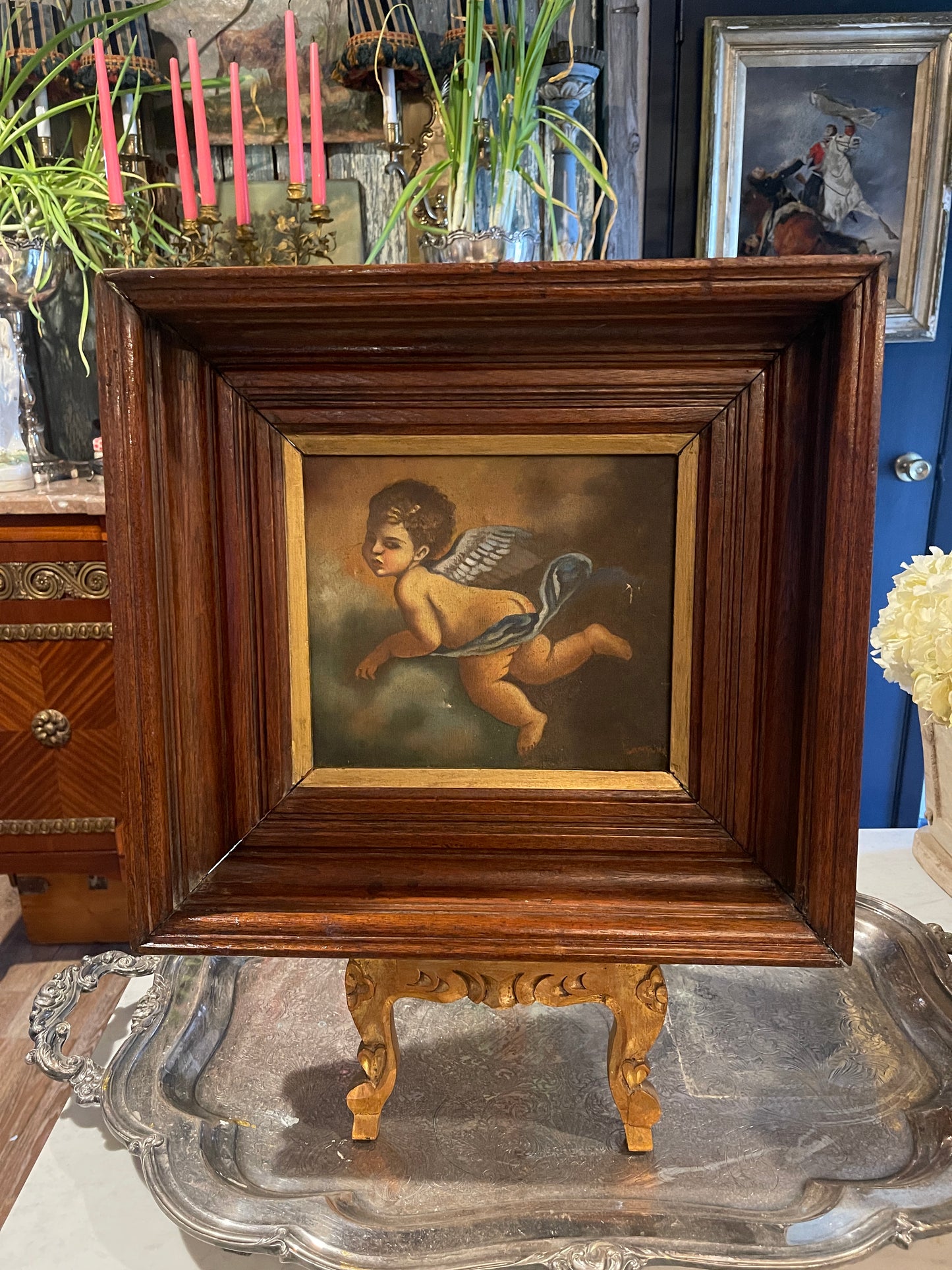 Antique Cherub Oil Painting, Late 19th–Early 20th Century | Old-World Putti Art in Deep Wood Frame