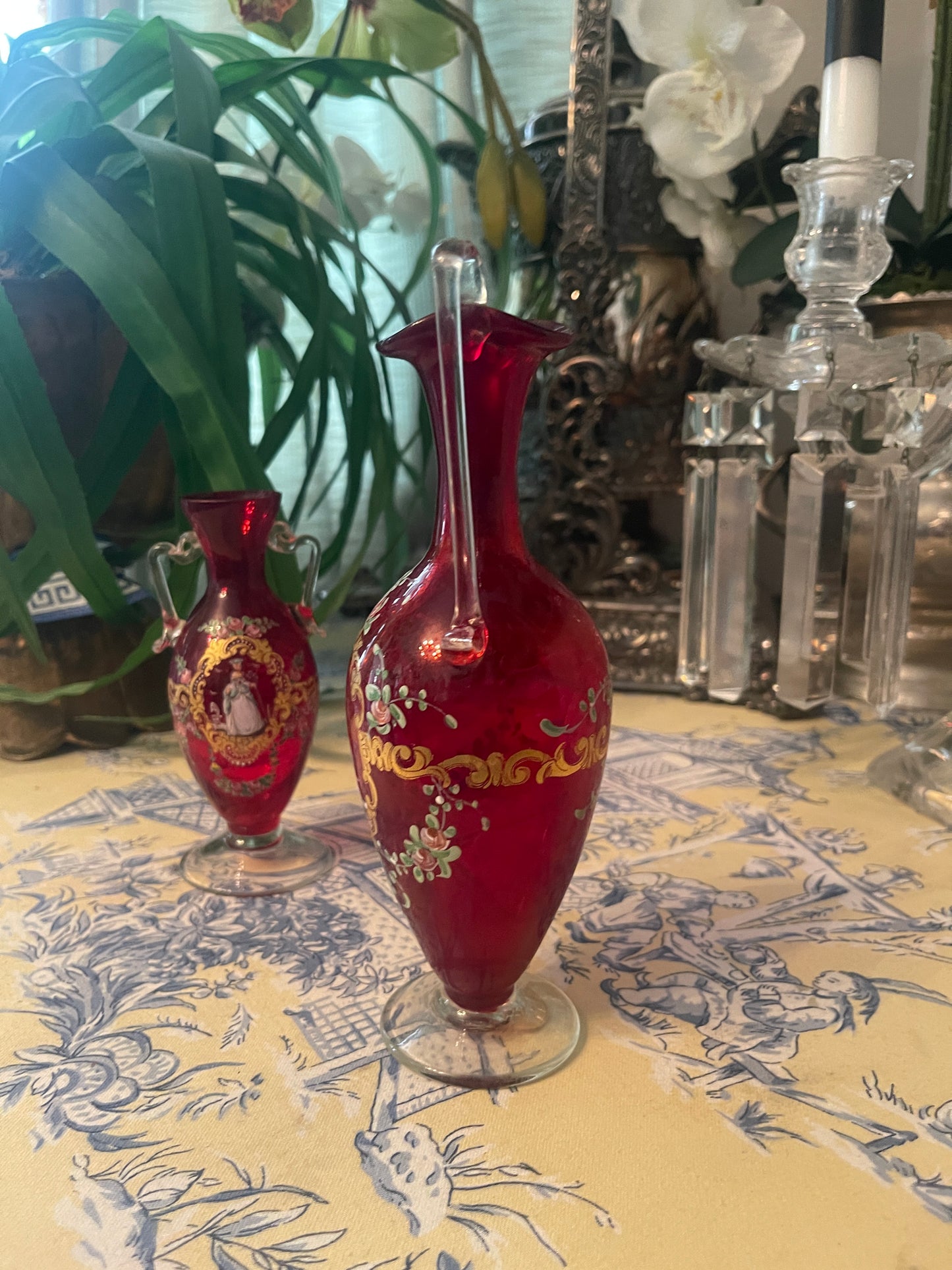 Murano Ruby Romance – Antique Venetian Glass Ewer with Lady & Tall Ship Scene- Monte Vista Estate