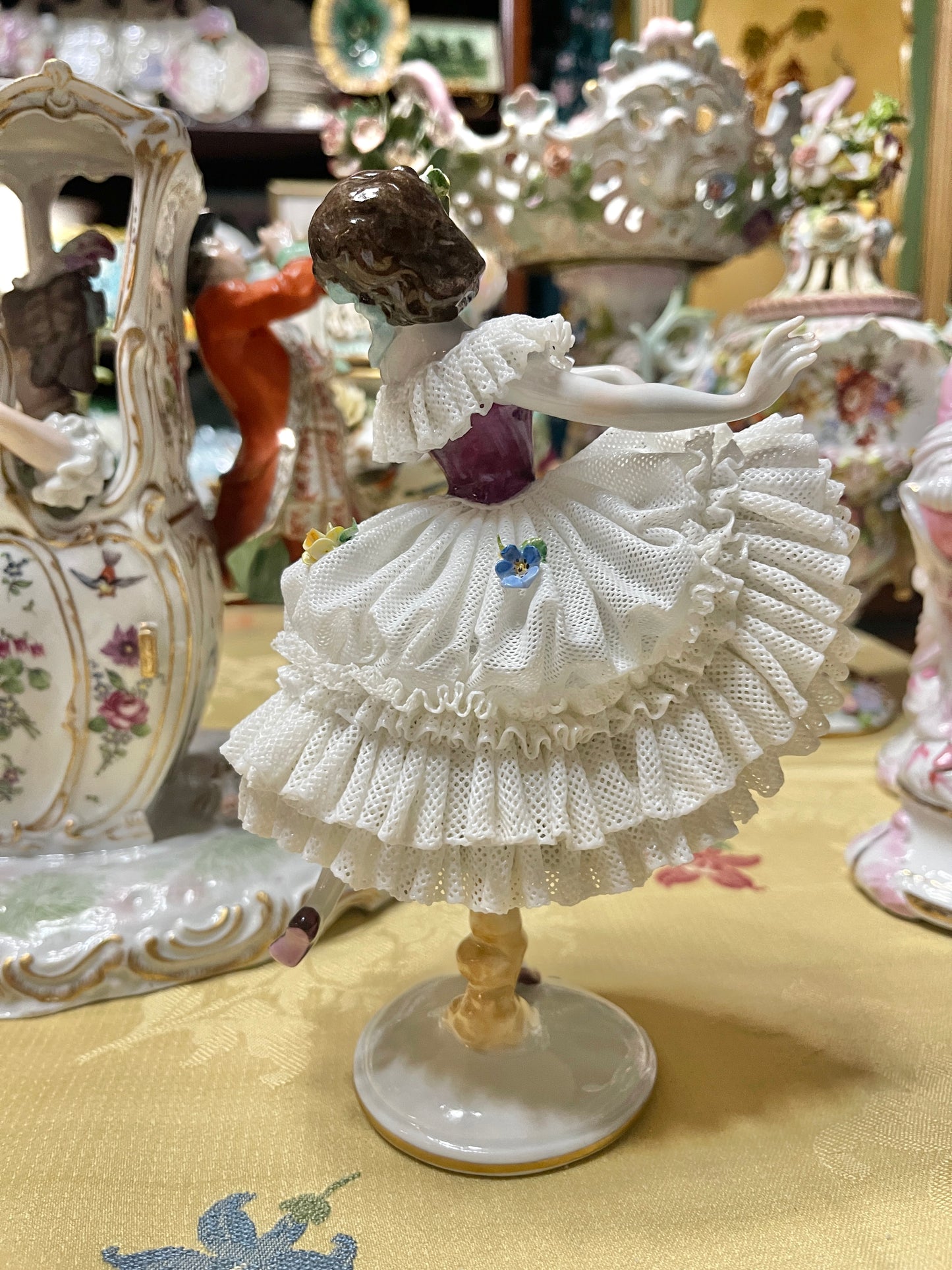Vintage German Porcelain Lace Ballerina Figurine | Dresden Style Dancer with Applied Flowers