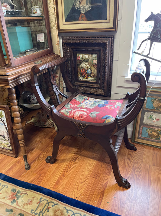 Vintage Regency Revival Mahogany Dressing Bench with Floral Chintz Upholstery-