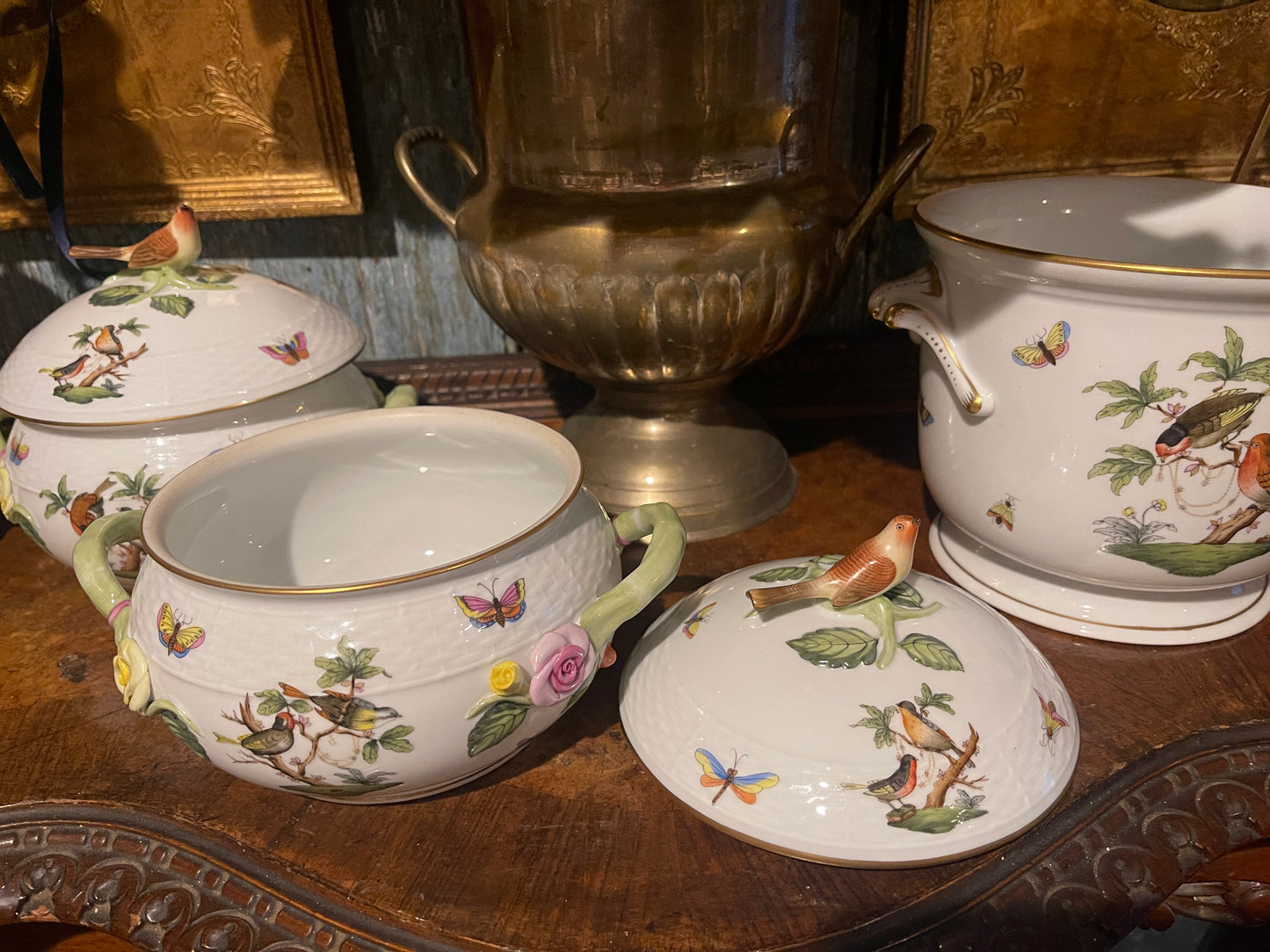 Vintage Herend Rothschild Bird Lidded Bean Pot With Bird Finial, Porcelain Flowers, Lovely Estate Decor