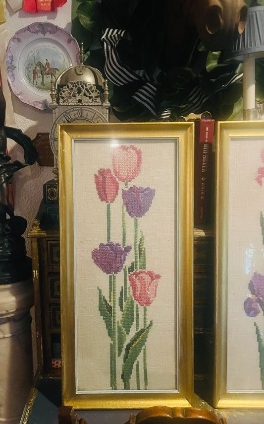 Charming Vintage Tulip Cross Stitch Wall Hanging