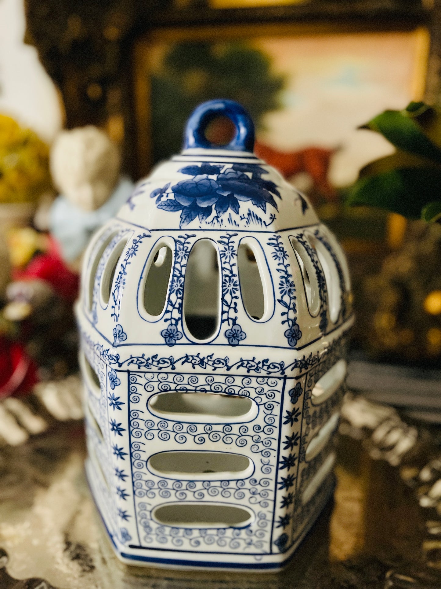 Chinoiserie Blue and White Porcelain Bird House/Feeder/Lantern