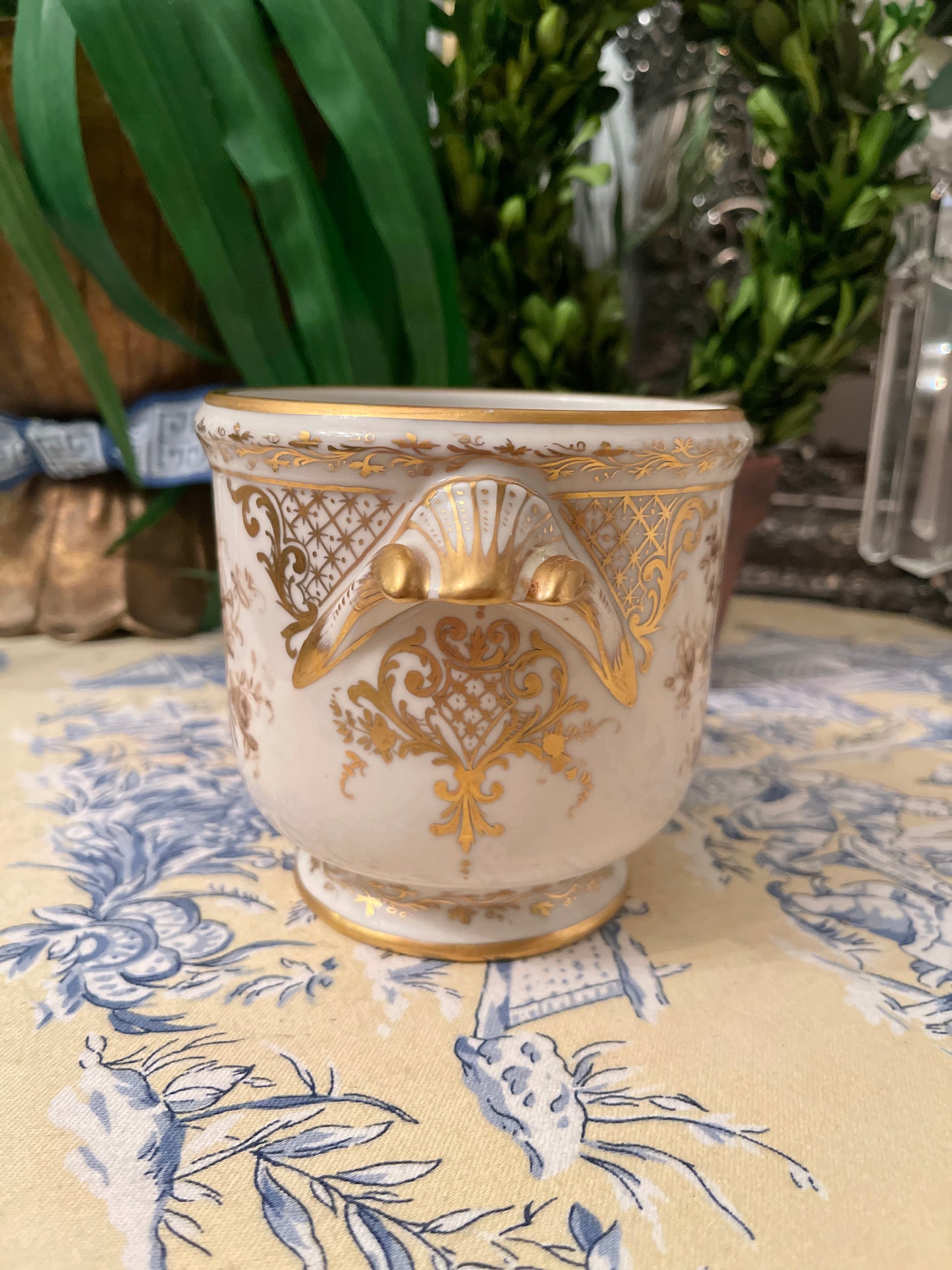 French LE TALLEC Cachepot, Brown and white with Gilt Detail, Shell Handles, Hand Painted